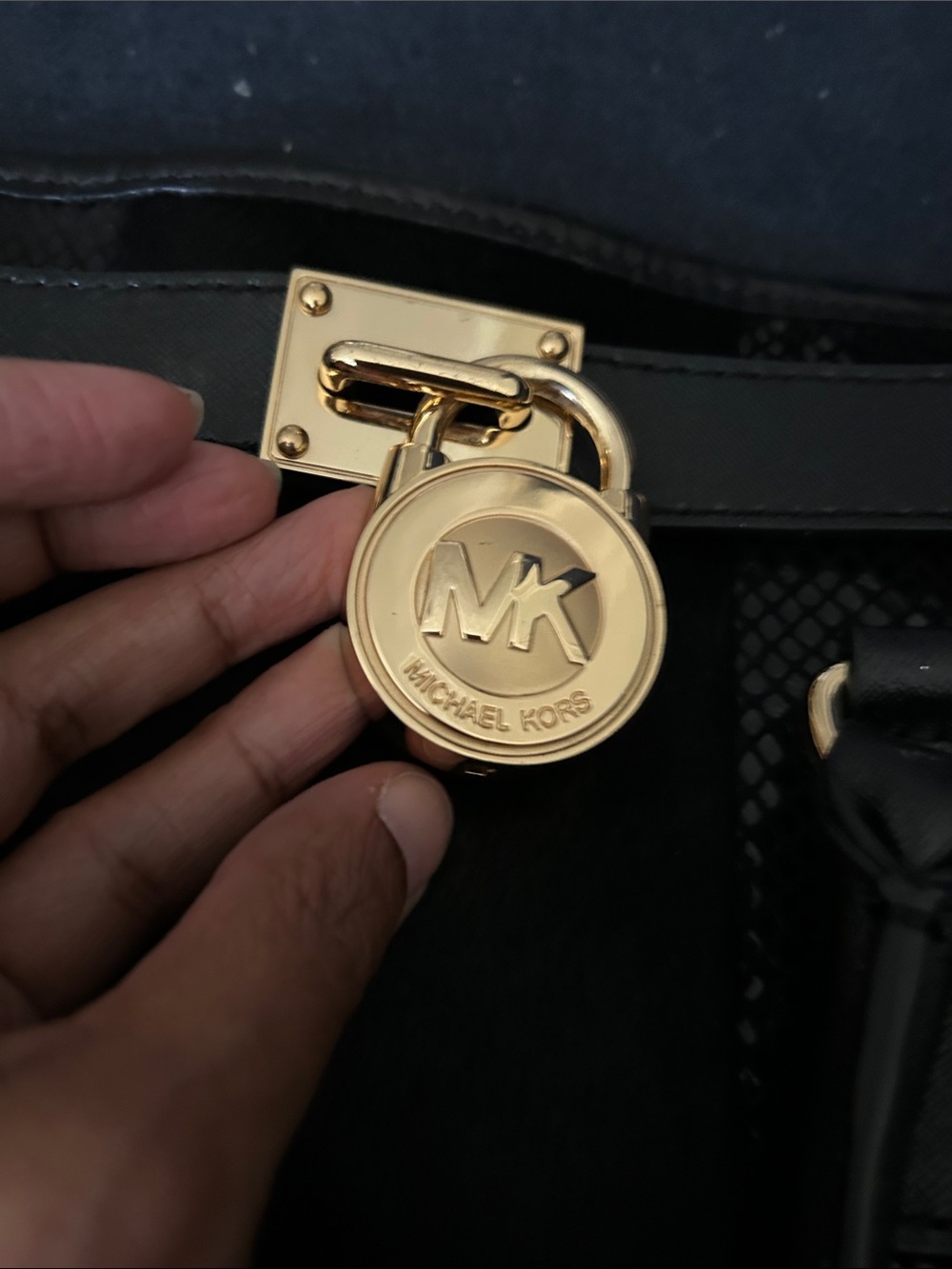 Michael Kors Black Mixed-Texture Tote with Gold Logo Lock - Picture 2 of 6